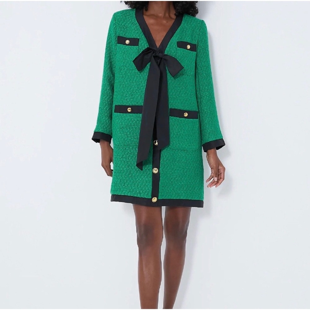 Pomander Place Green Coco Tweed Mini Dress Black Trim XS